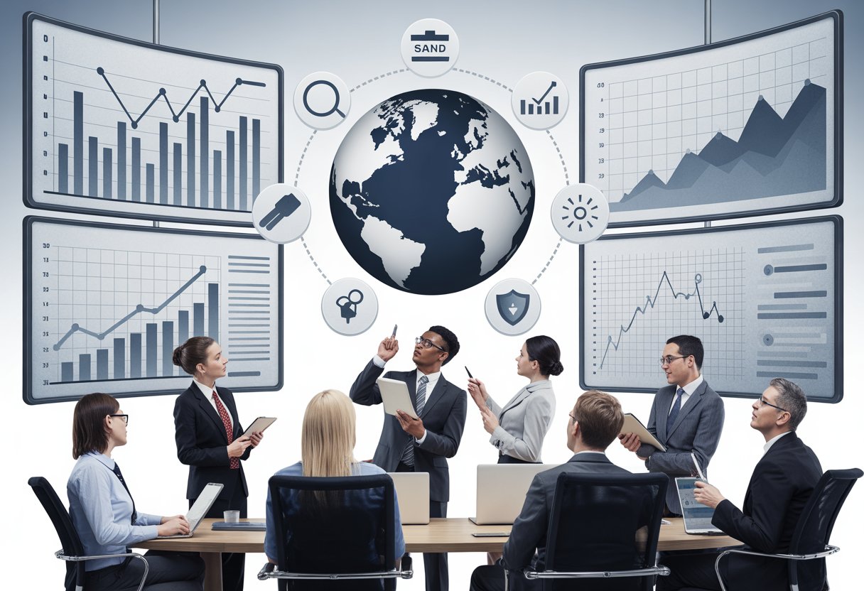 Business professionals analyzing digital charts and graphs about domain valuation in a modern office with a 3D globe and domain-related icons floating around.