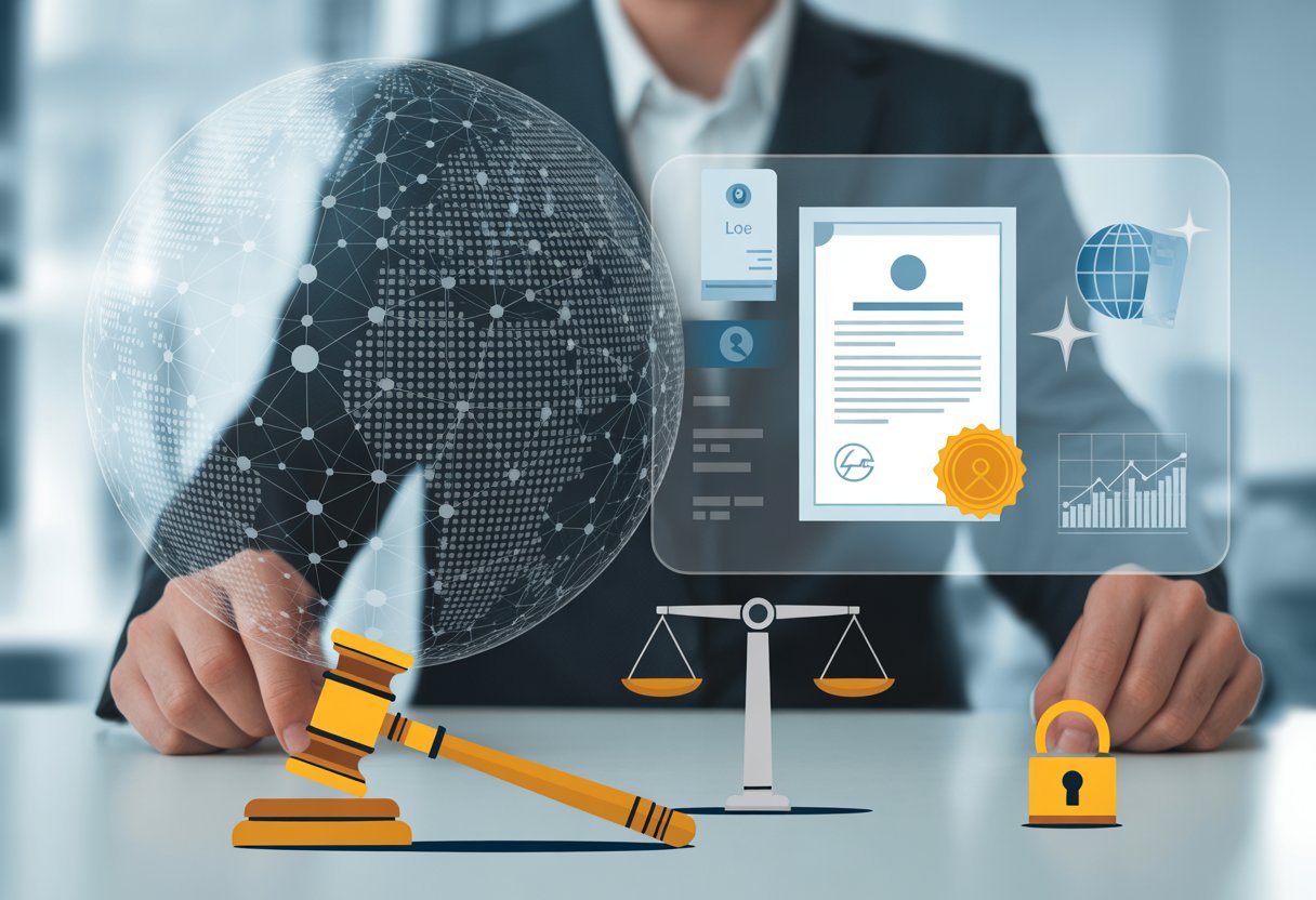 A business professional examining a holographic interface with symbols of domain ownership, legal documents, and valuation in a modern office setting.