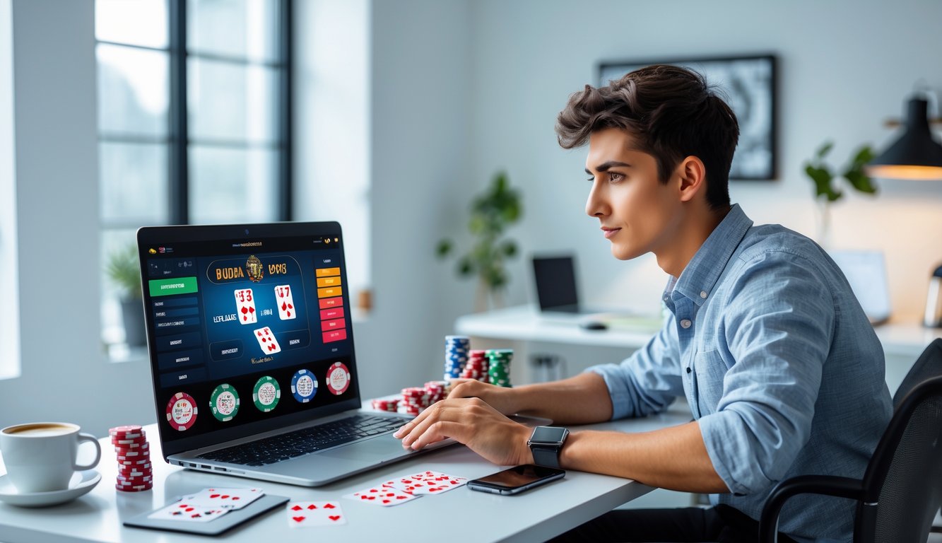 Seorang pemula bermain poker online di depan laptop dengan tumpukan chip dan kartu di meja.