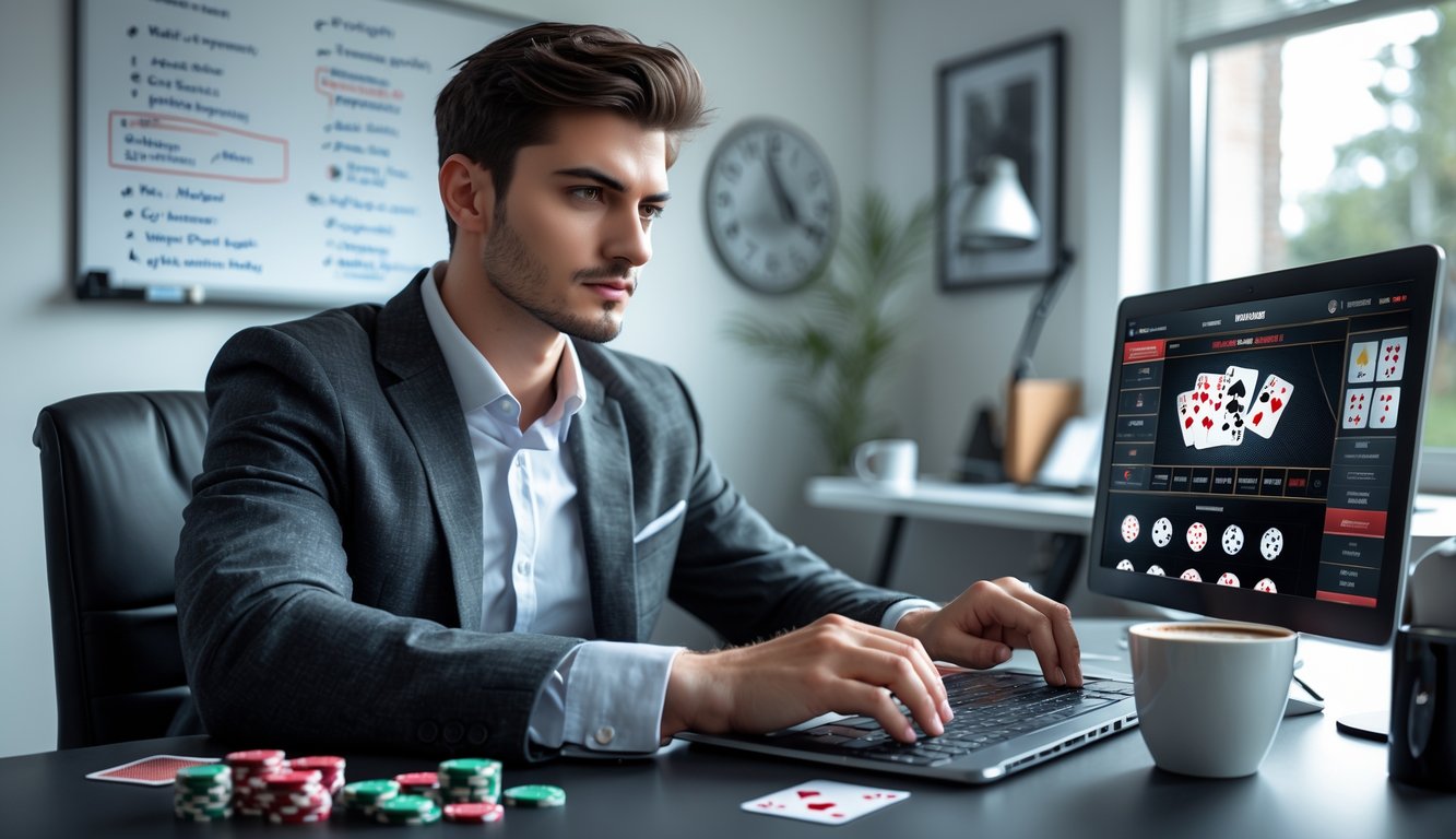 Seorang pria muda duduk di meja dengan laptop yang menampilkan permainan poker online, dikelilingi oleh chip poker dan kartu remi.