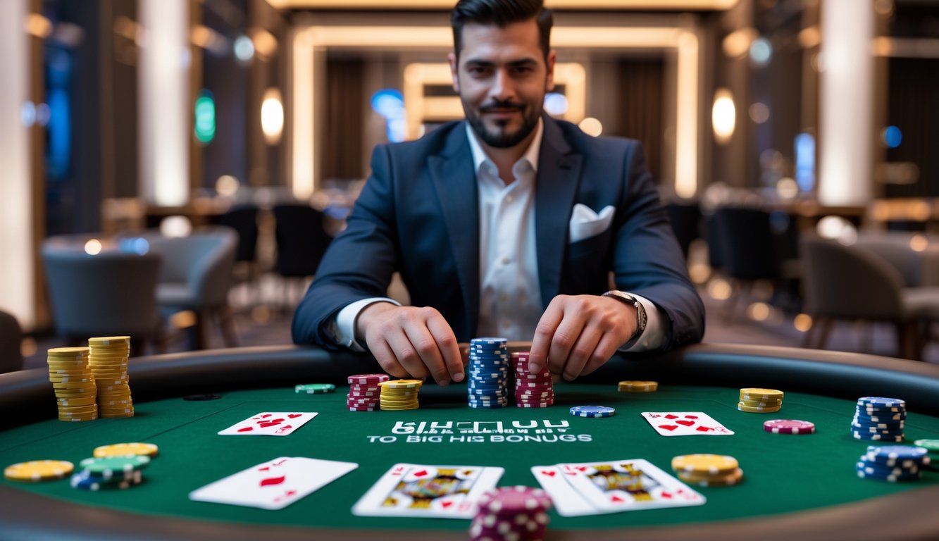 Meja poker modern dengan tumpukan chip dan kartu, seseorang duduk fokus bermain di suasana kasino yang mewah.