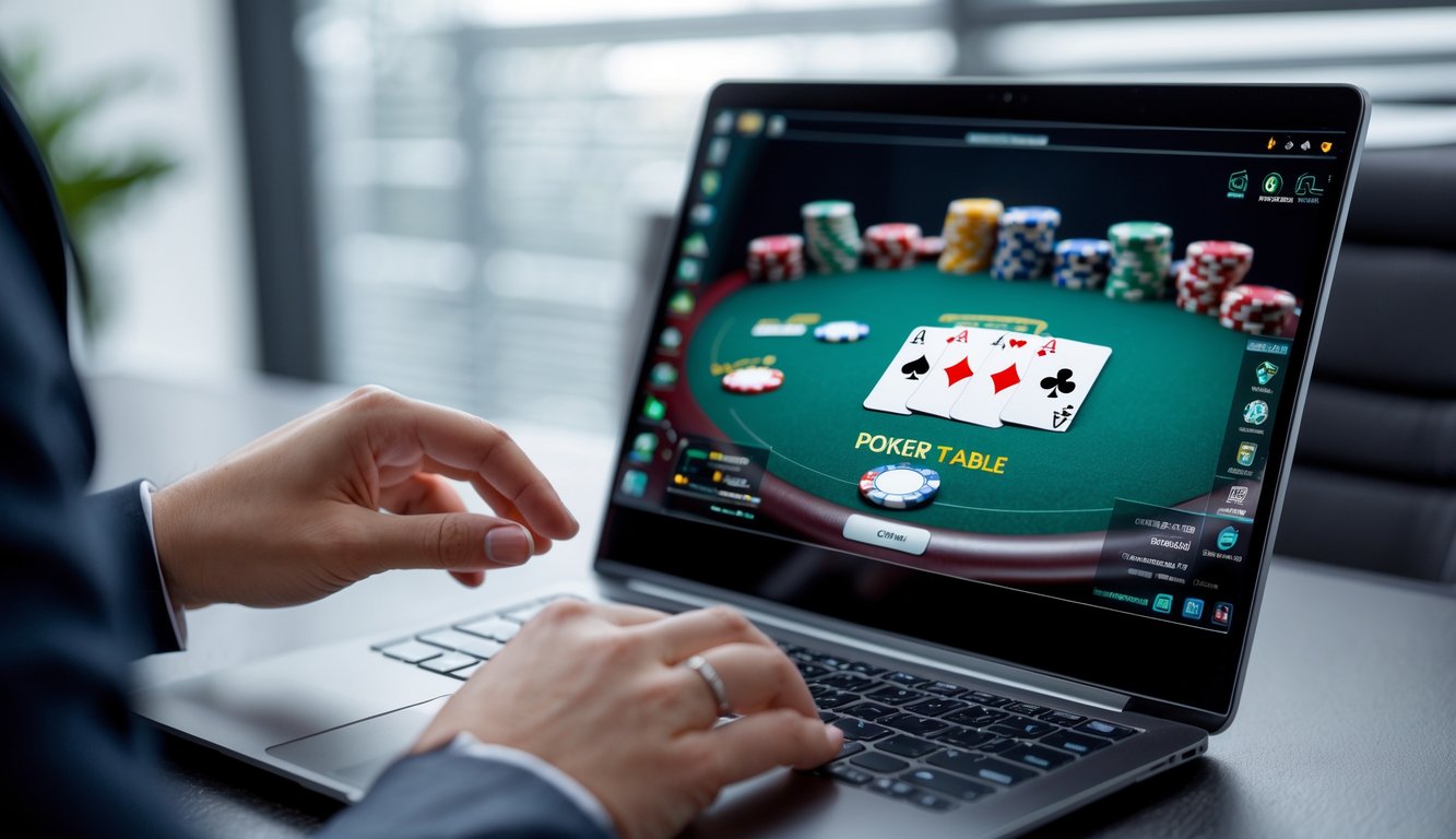 Tampilan dekat permainan poker online di layar laptop dengan tangan seseorang yang sedang bermain di meja poker virtual.