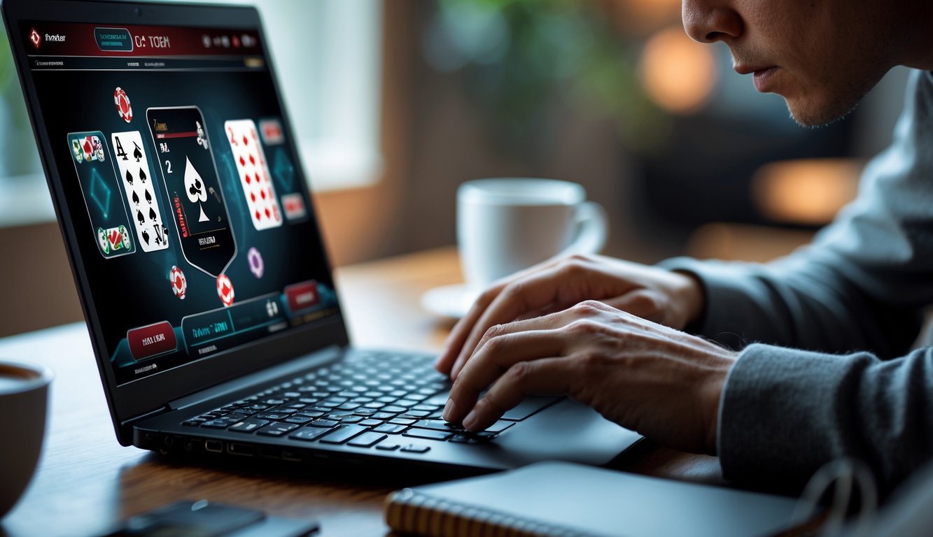 Seseorang sedang fokus bermain poker online di depan laptop dengan kartu poker dan chip terlihat di layar.