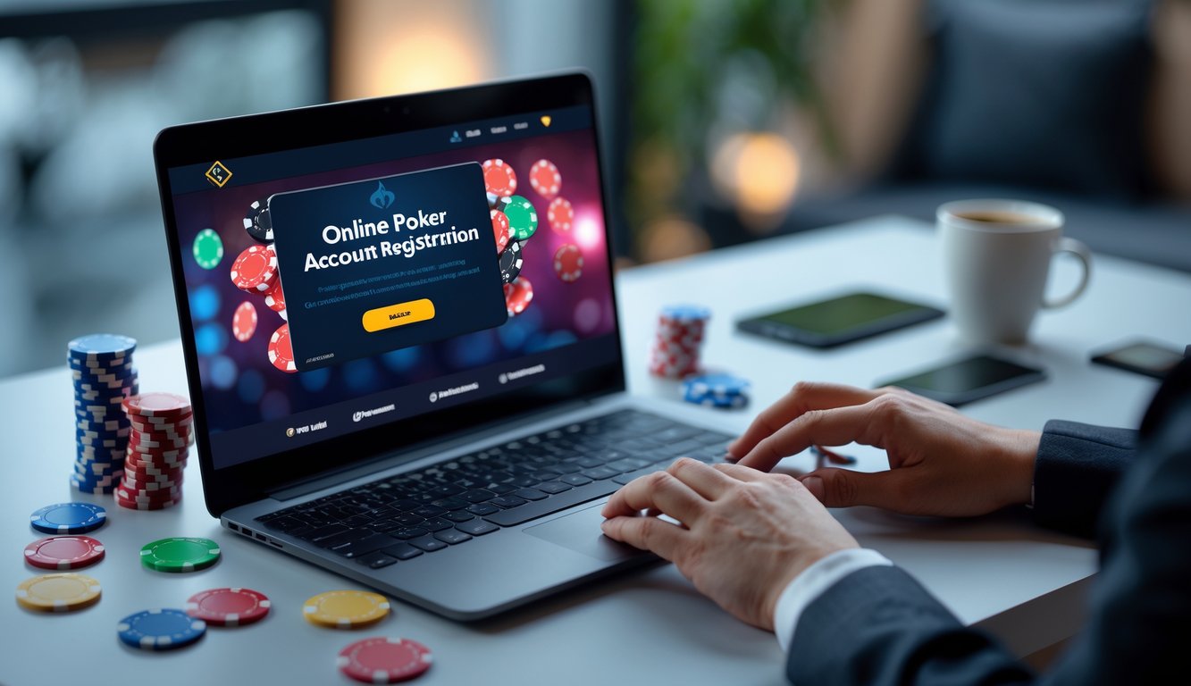 Meja kerja modern dengan laptop yang menampilkan situs poker online, tumpukan chip poker dan kartu remi, serta tangan seseorang sedang mengetik.