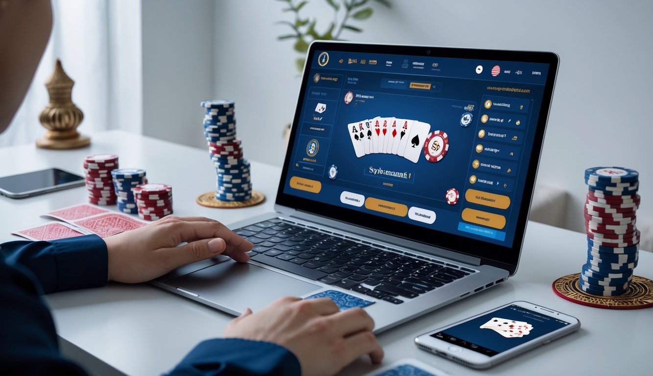 Seseorang menggunakan laptop dan smartphone dengan permainan poker online, di meja terdapat kartu dan chip poker.