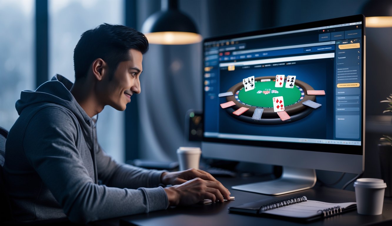 Seorang pemain poker online yang percaya diri duduk di depan komputer dengan meja poker digital di layar, menunjukkan suasana permainan yang serius dan fokus.
