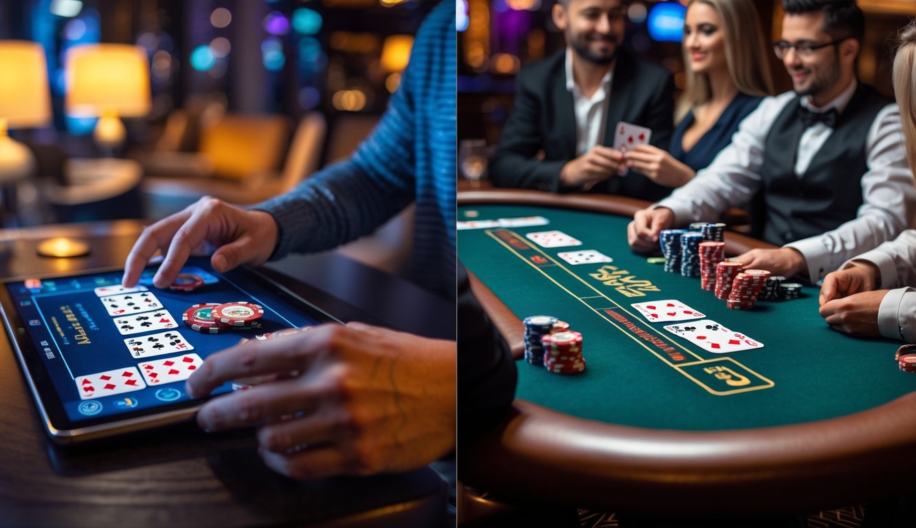 Seseorang bermain poker online di laptop di rumah dan sekelompok orang bermain poker konvensional di meja kasino.