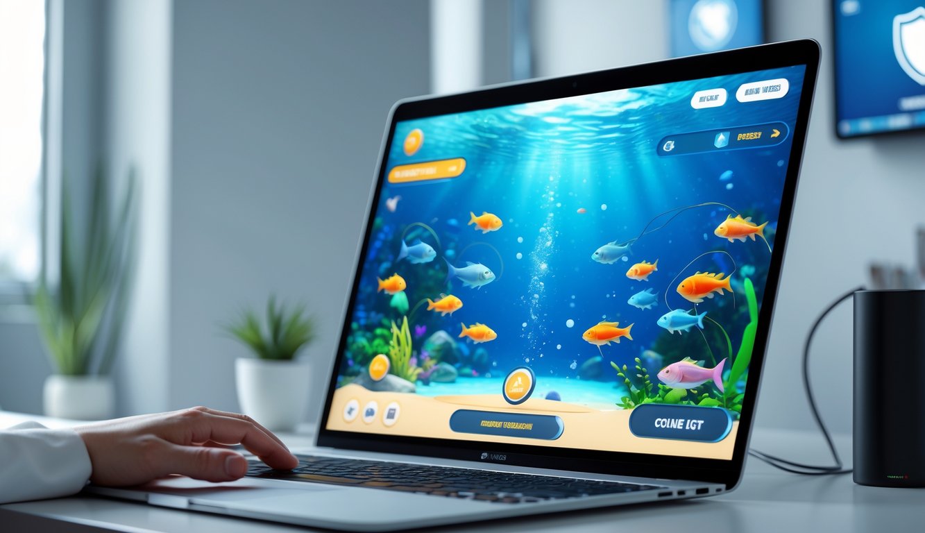 Seseorang menggunakan komputer dengan layar menampilkan permainan tembak ikan online yang berwarna-warni di meja kerja minimalis.