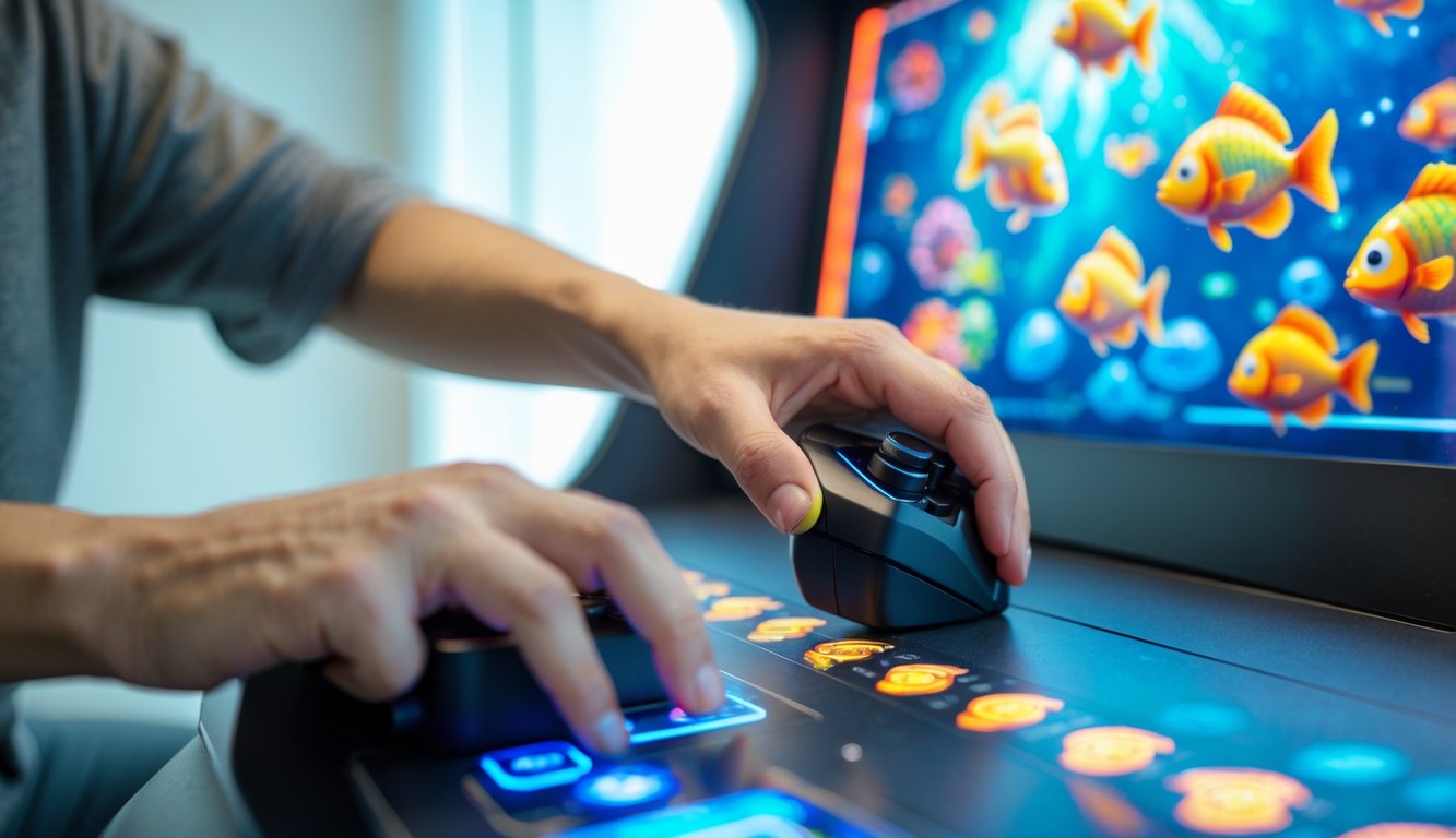 Seseorang sedang bermain game tembak ikan di mesin arcade dengan fokus dan percaya diri.