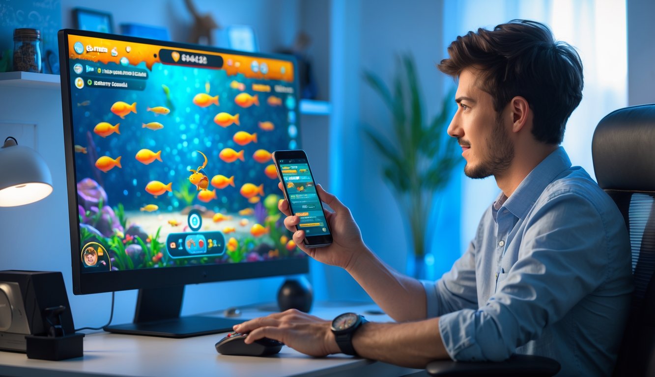 Seorang pria muda duduk di depan komputer, bermain permainan tembak ikan dengan layar berwarna cerah dan suasana ruangan yang nyaman.