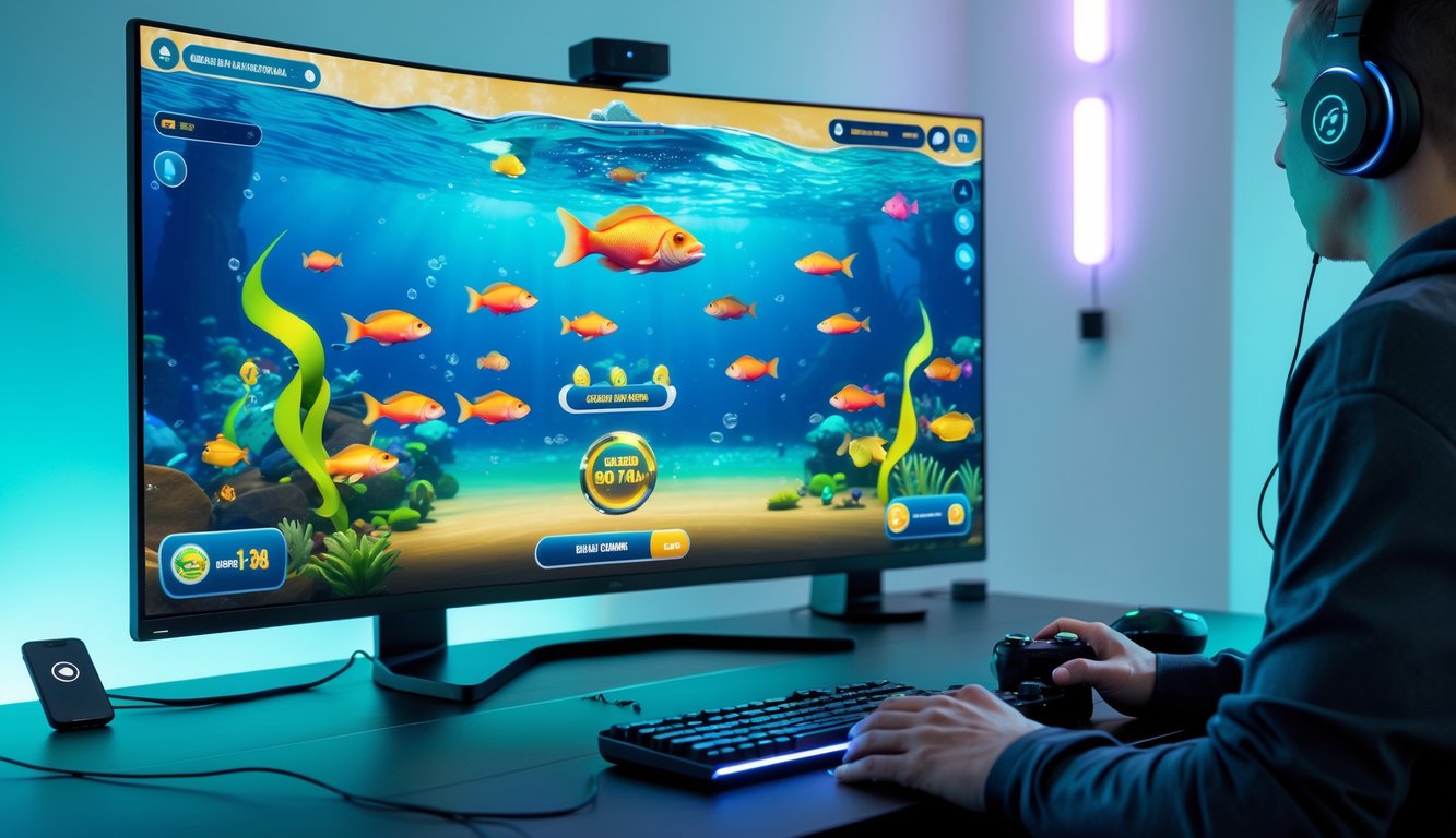 Seseorang sedang bermain game tembak ikan online di komputer dengan layar menampilkan ikan berwarna-warni dan suasana ruangan gaming yang modern.