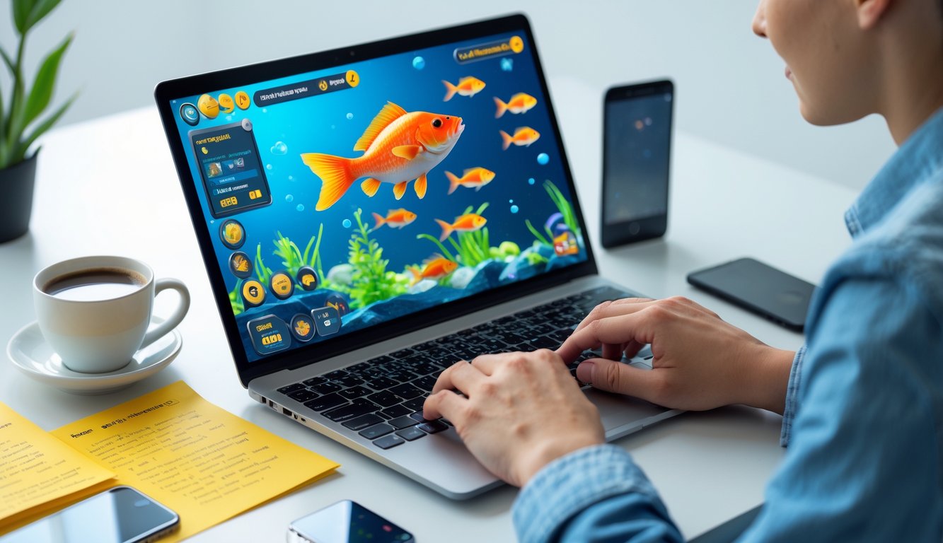 Seseorang sedang bermain game tembak ikan online di laptop dengan suasana kerja yang fokus dan rapi.