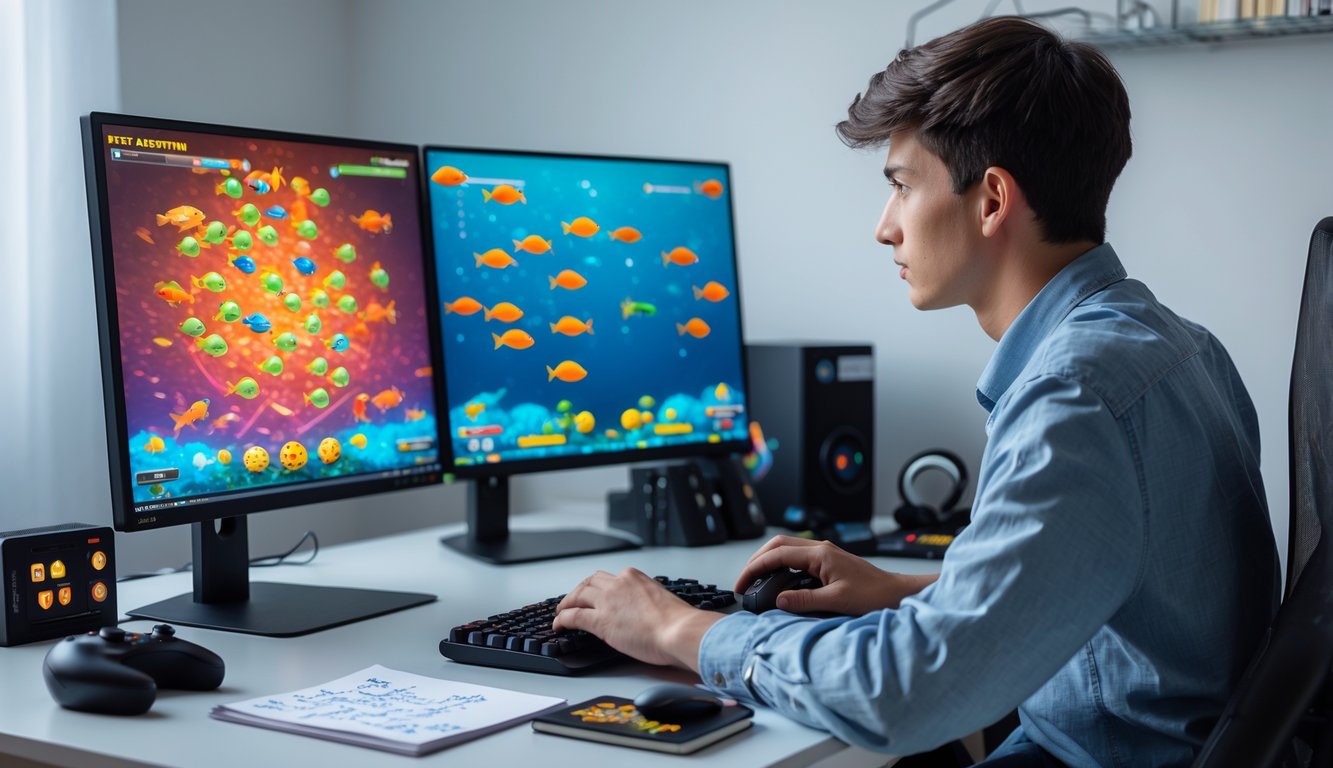 Seorang dewasa muda sedang fokus bermain game tembak ikan di komputer dengan catatan strategi di meja.