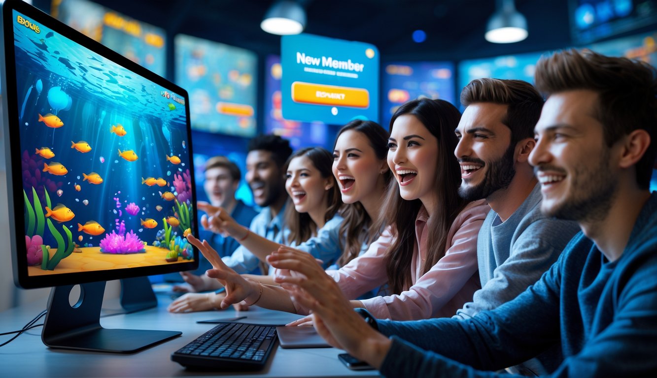 Sekelompok orang muda sedang bermain permainan ikan di layar komputer dengan ekspresi senang dan antusias.