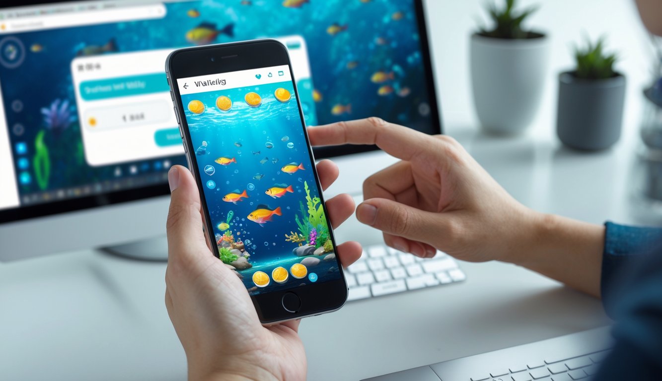 Seseorang memegang smartphone yang menampilkan permainan tembak ikan dengan layar berwarna-warni, di latar belakang terlihat aplikasi dompet digital di perangkat lain.