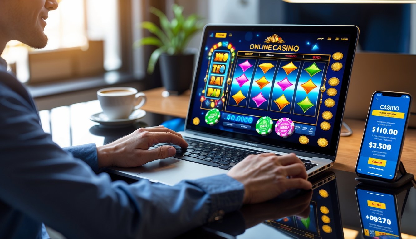 Seseorang duduk di meja dengan laptop yang menampilkan permainan kasino online berwarna-warni, dikelilingi oleh chip poker dan ponsel di lingkungan kantor rumah yang rapi.
