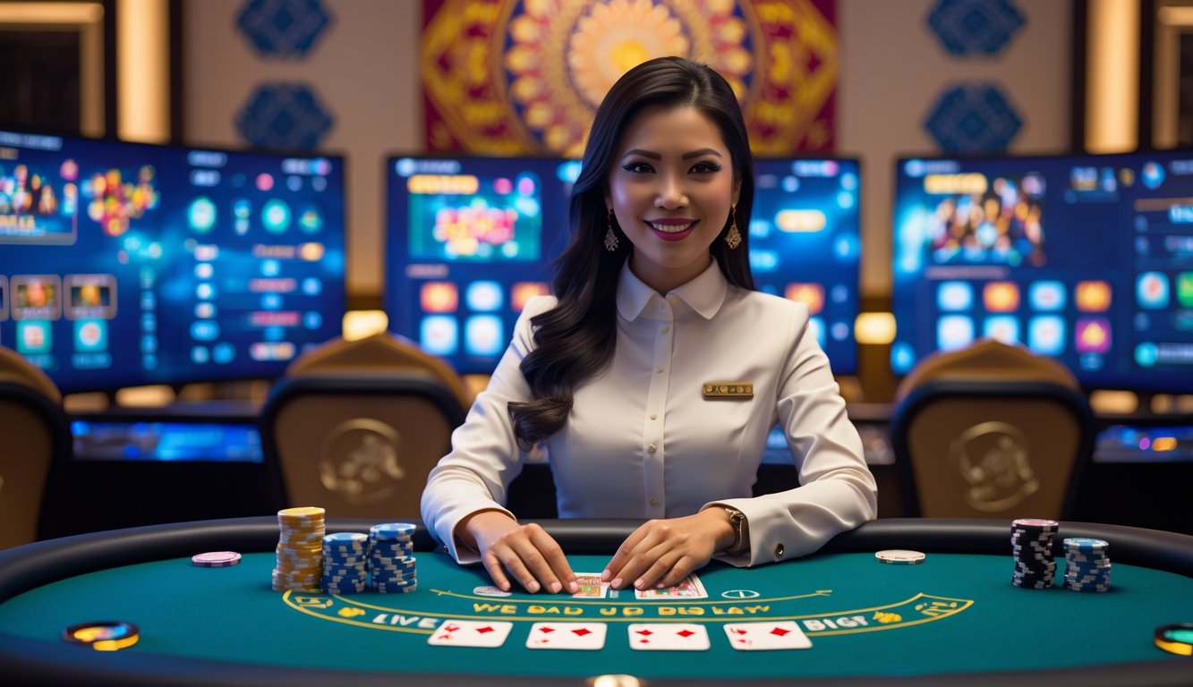 Seorang dealer wanita profesional duduk di meja kasino dengan kartu dan chip, di latar belakang layar yang menampilkan permainan kasino online.