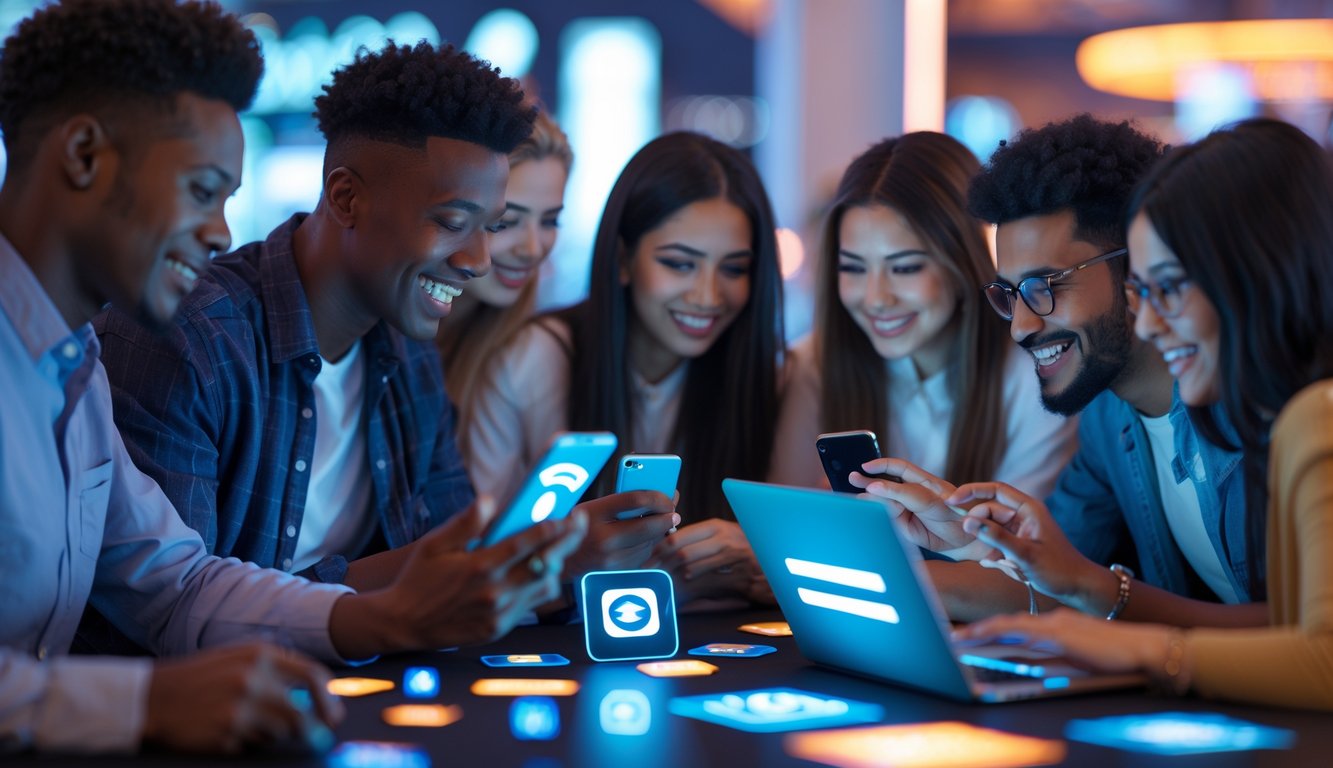 Sekelompok orang muda menggunakan ponsel dan laptop di lingkungan kasino online dengan suasana cerah dan nyaman.