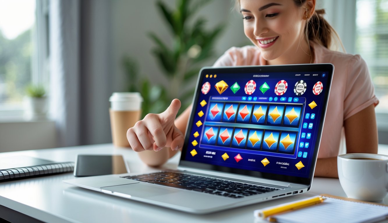 Seorang pemula bermain kasino online menggunakan laptop di meja dengan suasana terang dan nyaman.