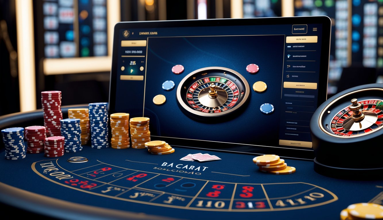 Tampilan meja baccarat dan roda roulette dalam kasino online modern dengan suasana yang mewah dan elegan.