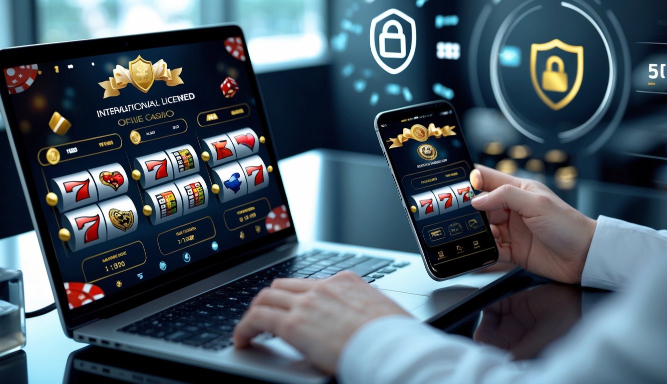 Seseorang menggunakan laptop dan ponsel untuk bermain permainan kasino online resmi dengan tampilan antarmuka digital yang modern dan profesional.