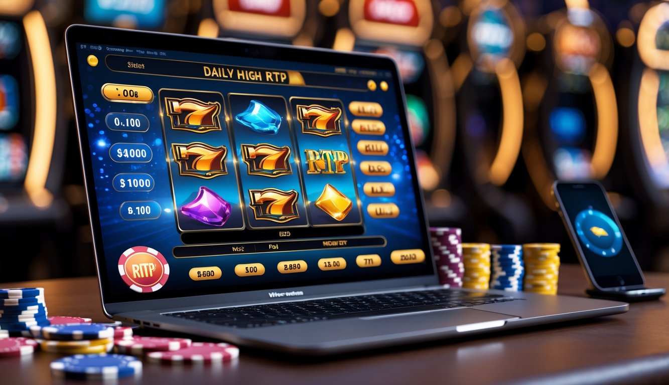 Seorang pria menggunakan laptop dengan tampilan permainan kasino online di meja kerja yang rapi dengan chip kasino dan kartu remi di sampingnya.