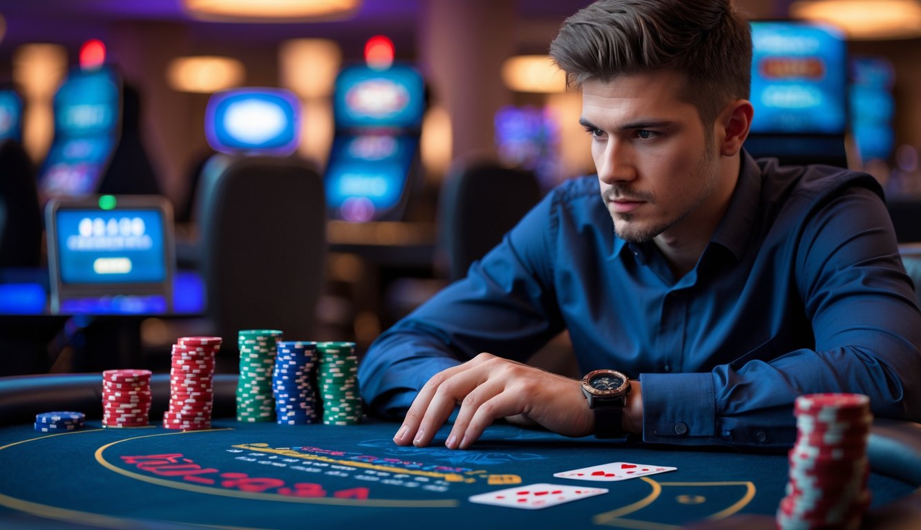 Seorang pria muda duduk di meja kasino dengan kartu dan chip poker, terlihat fokus dan serius bermain kasino online.