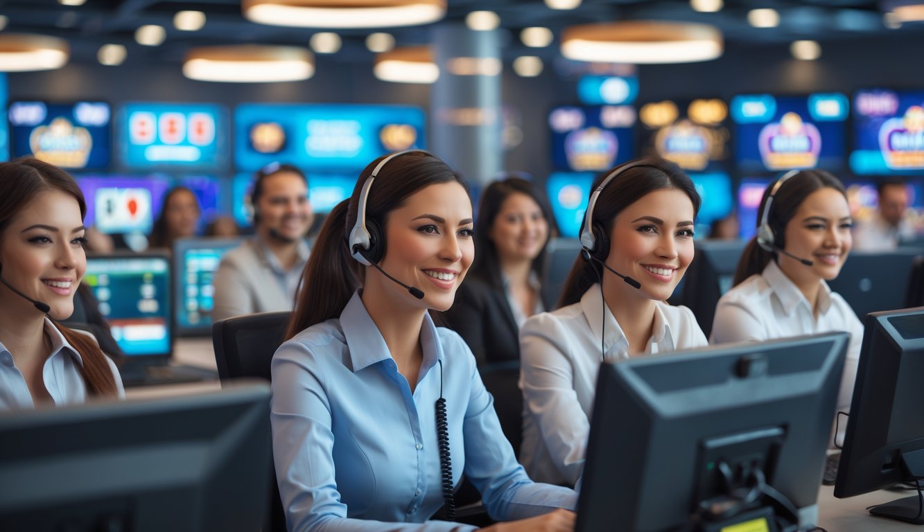 Tim layanan pelanggan kasino online yang ramah sedang bekerja di pusat layanan 24 jam dengan komputer dan headset.