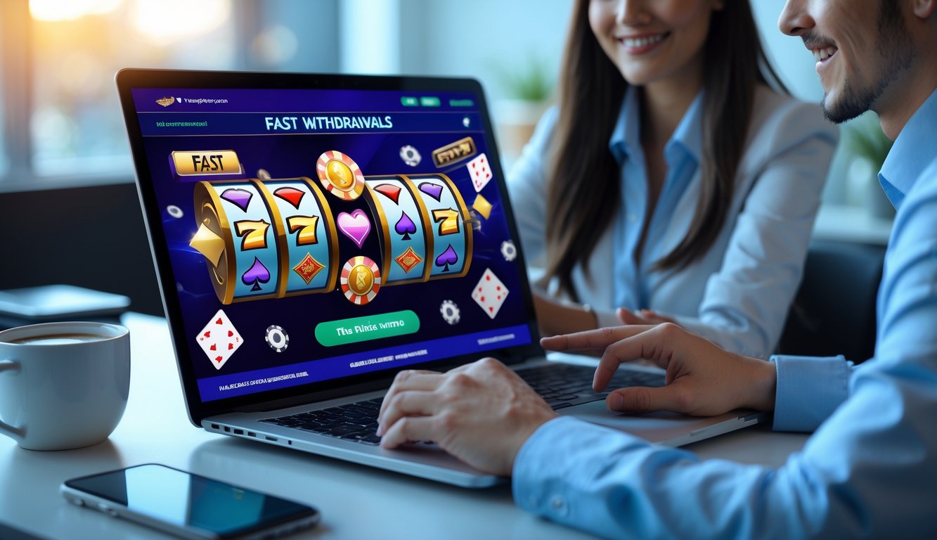 Seseorang menggunakan komputer dengan layar menampilkan permainan kasino online dan ikon transaksi cepat, di meja dengan kopi dan ponsel.