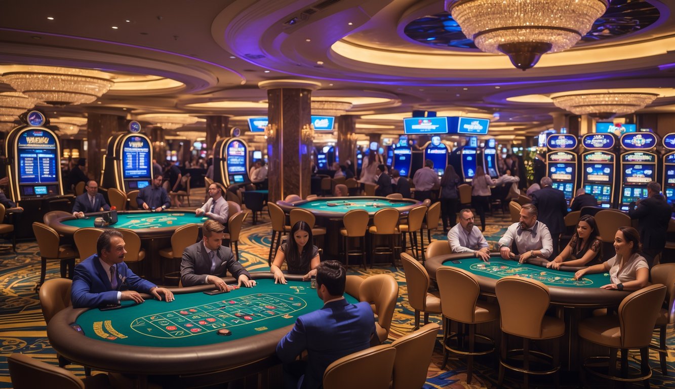 Suasana kasino langsung dengan berbagai meja permainan dan pemain yang sedang bermain.