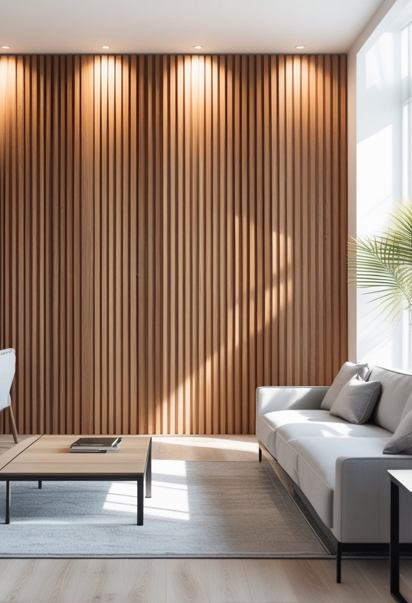 A living room with natural wood slat panels on the wall and a gray sofa in front.