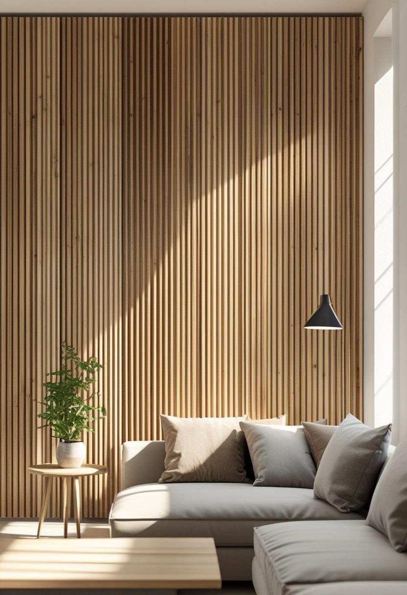 A living room with a natural wood slat wall behind a sofa and soft lighting.