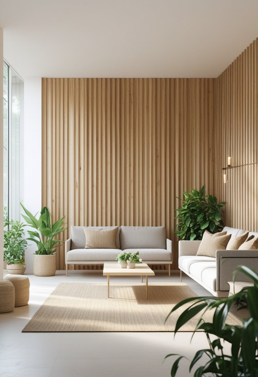 A bright living room with a wooden slat wall, a sofa, a coffee table, and green plants.