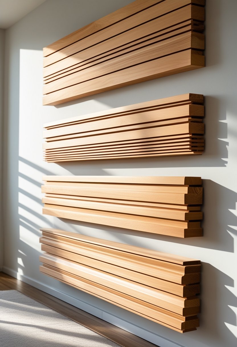 A living space wall featuring different natural wood slat panels arranged in various layouts.