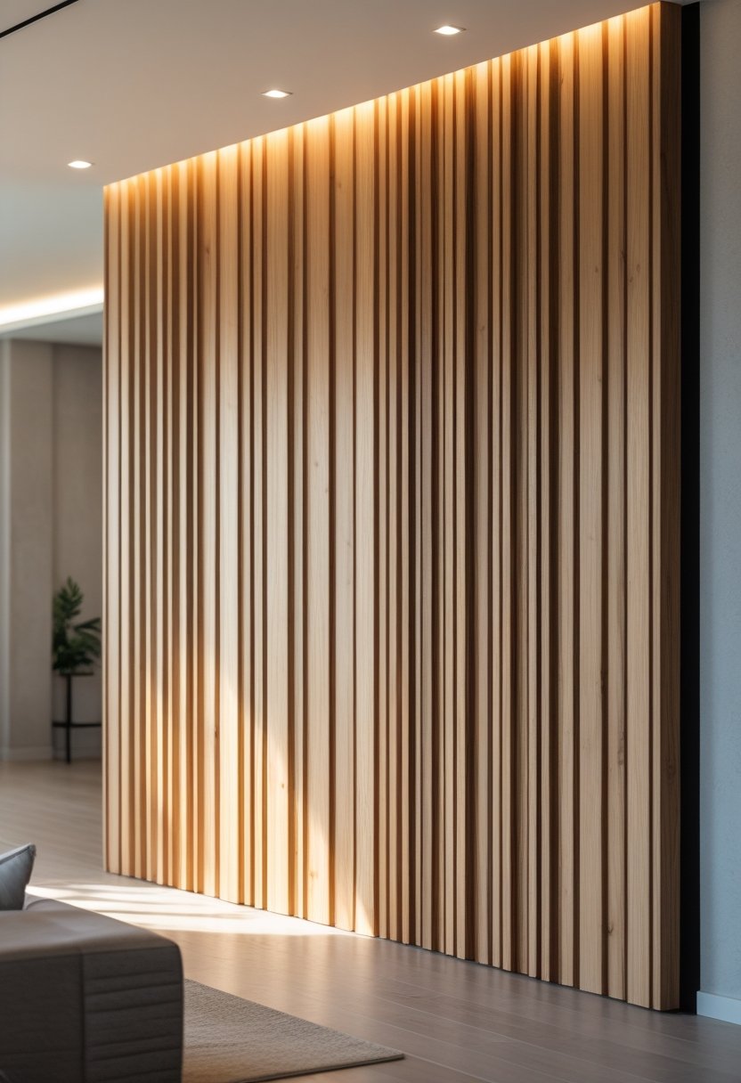 A modern living room wall decorated with vertical natural wood slat panels with a matte finish.