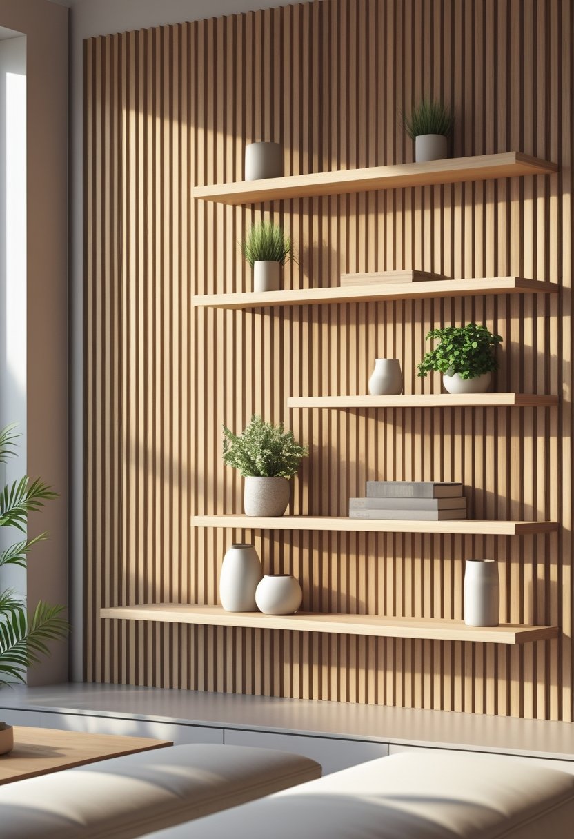 A living room wall with natural wood slat panels and floating shelves holding plants, vases, and books.