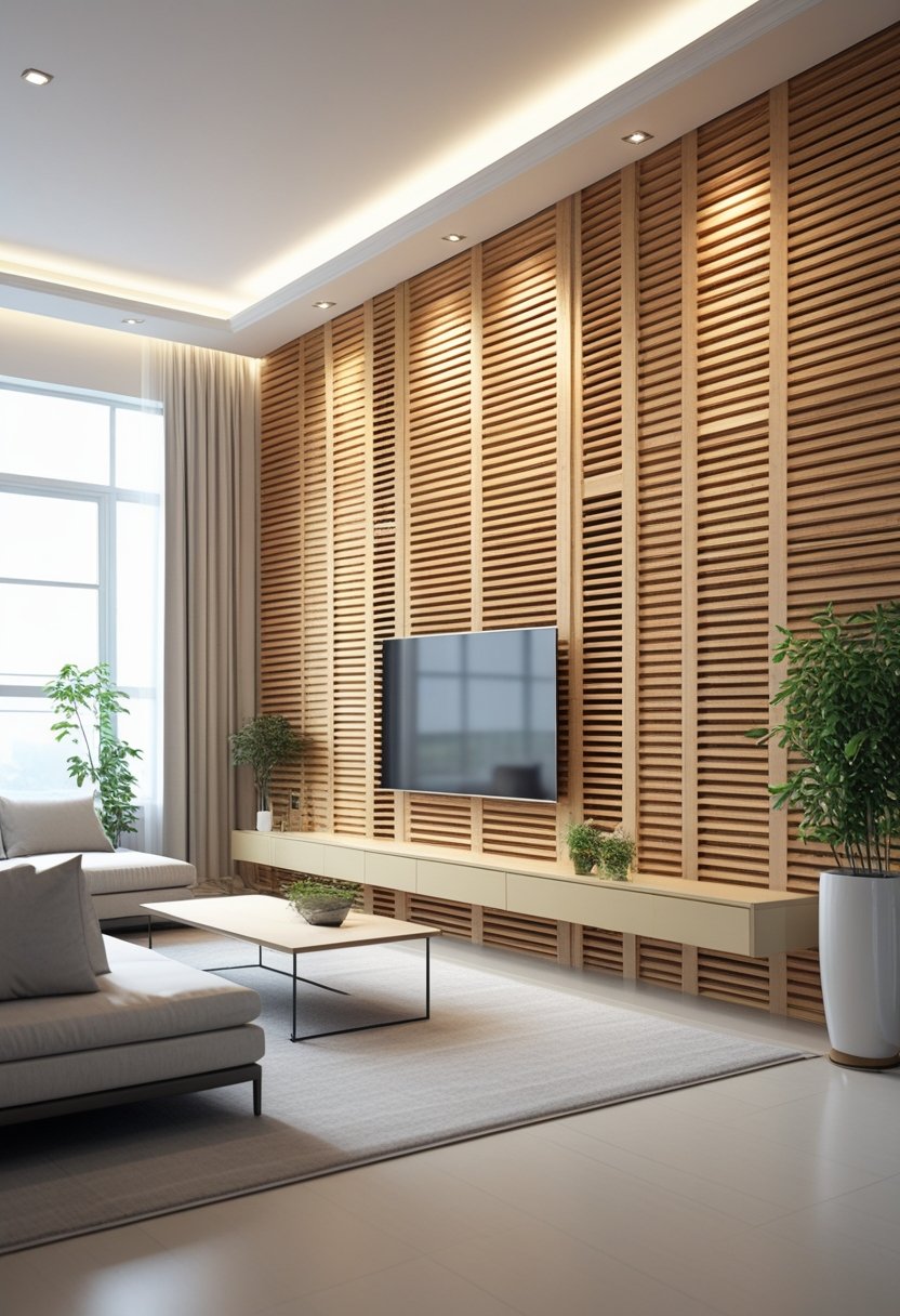 A living room with a natural wood slat wall, sofa, coffee table, and plants in soft natural light.