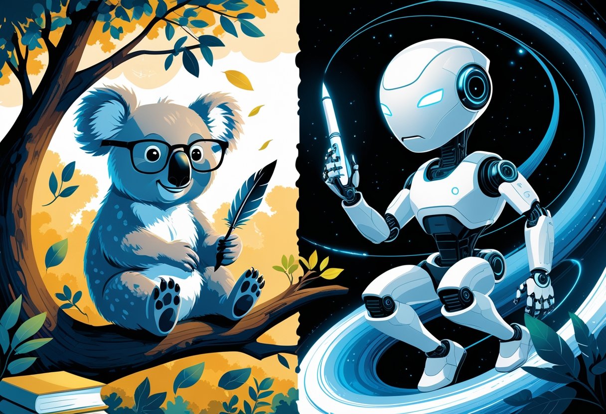 A koala holding a quill on a tree branch faces a futuristic robot with a glowing pen above a swirling vortex, representing two writing tools in contrast.