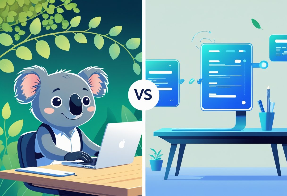 A split scene showing a koala working on a laptop in a nature-inspired setting on one side and a futuristic workspace with floating digital screens on the other side, illustrating a comparison between two writing tools.