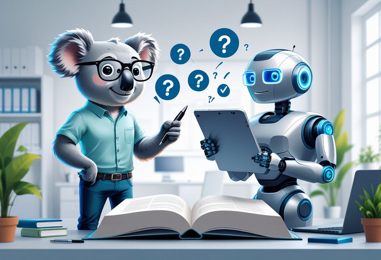 Two characters, a koala holding a pen and a robot holding a tablet, stand on either side of an open book in an office setting with floating question and checkmark icons between them.