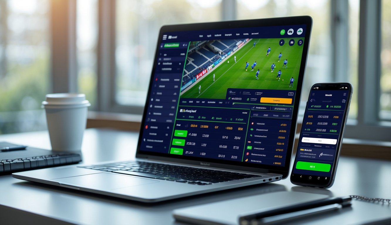 Meja kerja modern dengan laptop dan ponsel yang menampilkan aplikasi taruhan olahraga online, dikelilingi oleh cangkir kopi dan buku catatan.
