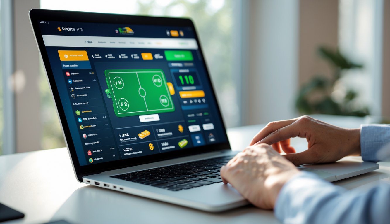 Seseorang menggunakan laptop dengan tampilan situs taruhan olahraga online yang menunjukkan prediksi dan statistik akurat.