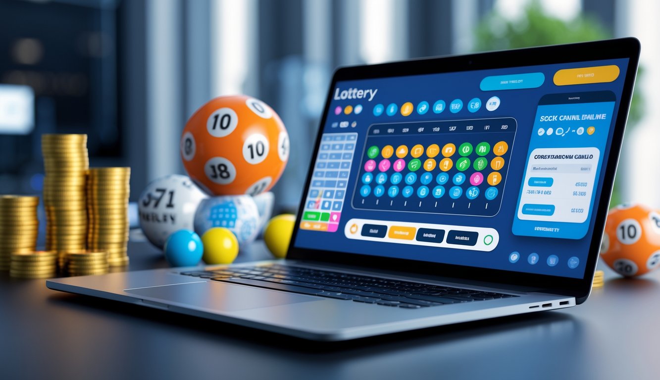 Seseorang menggunakan laptop dengan tampilan antarmuka lotere digital dan elemen terkait lotere seperti koin dan bola lotere di meja.