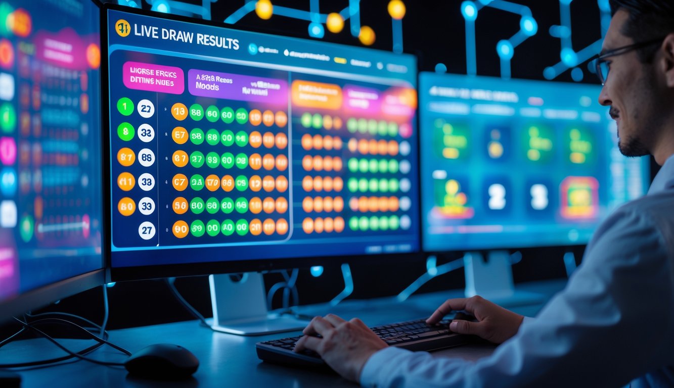 Seorang pengguna komputer sedang melihat hasil live draw togel online pada beberapa layar monitor di ruang kerja modern.