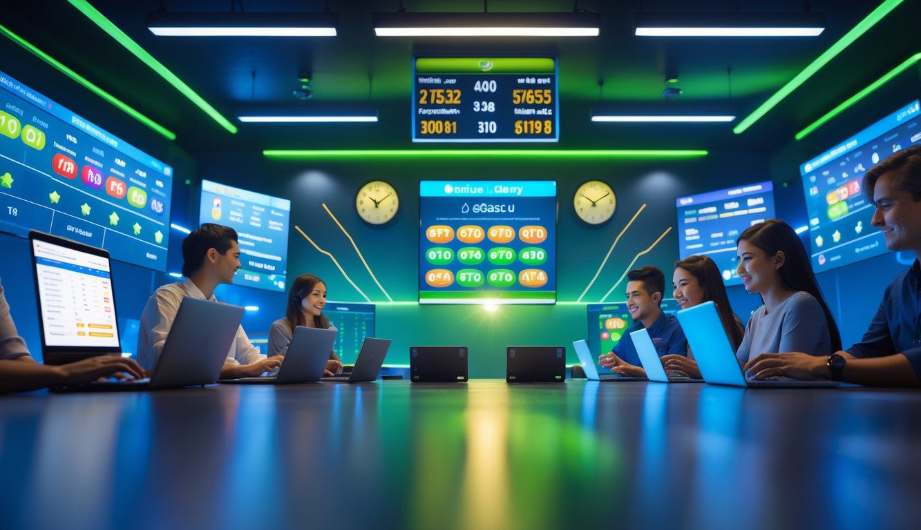 Orang-orang menggunakan perangkat digital di ruang modern dengan layar menampilkan angka lotre dan grafik, menunjukkan akses cepat sepanjang waktu.