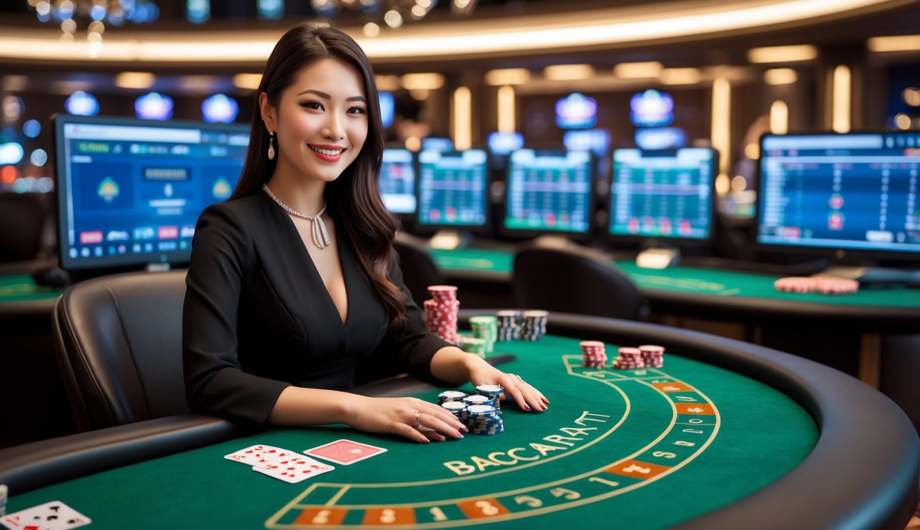 Seorang dealer wanita duduk di meja baccarat dengan kartu dan chip, berinteraksi melalui kamera dalam permainan baccarat online.
