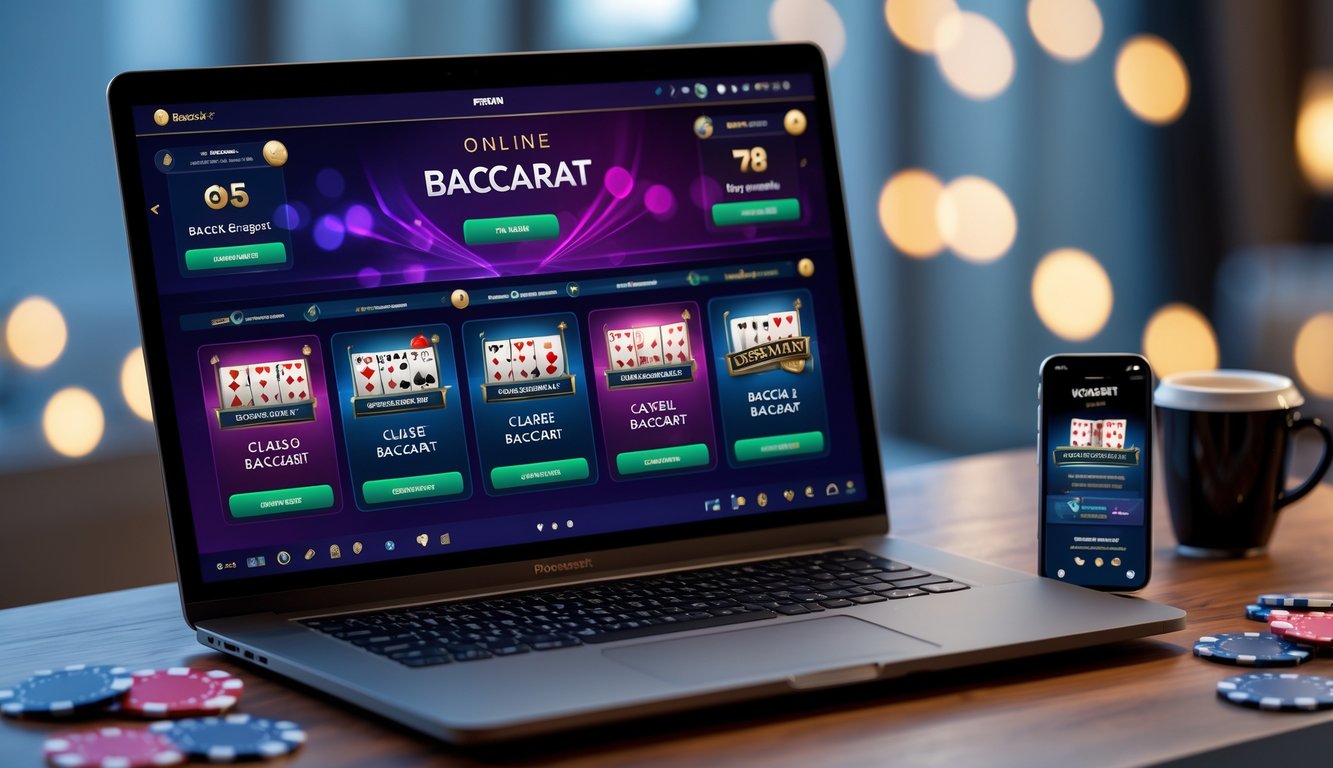Layar laptop dan ponsel menampilkan permainan baccarat online dengan berbagai varian, di atas meja kayu dengan beberapa chip poker dan kartu bermain di sekitarnya.