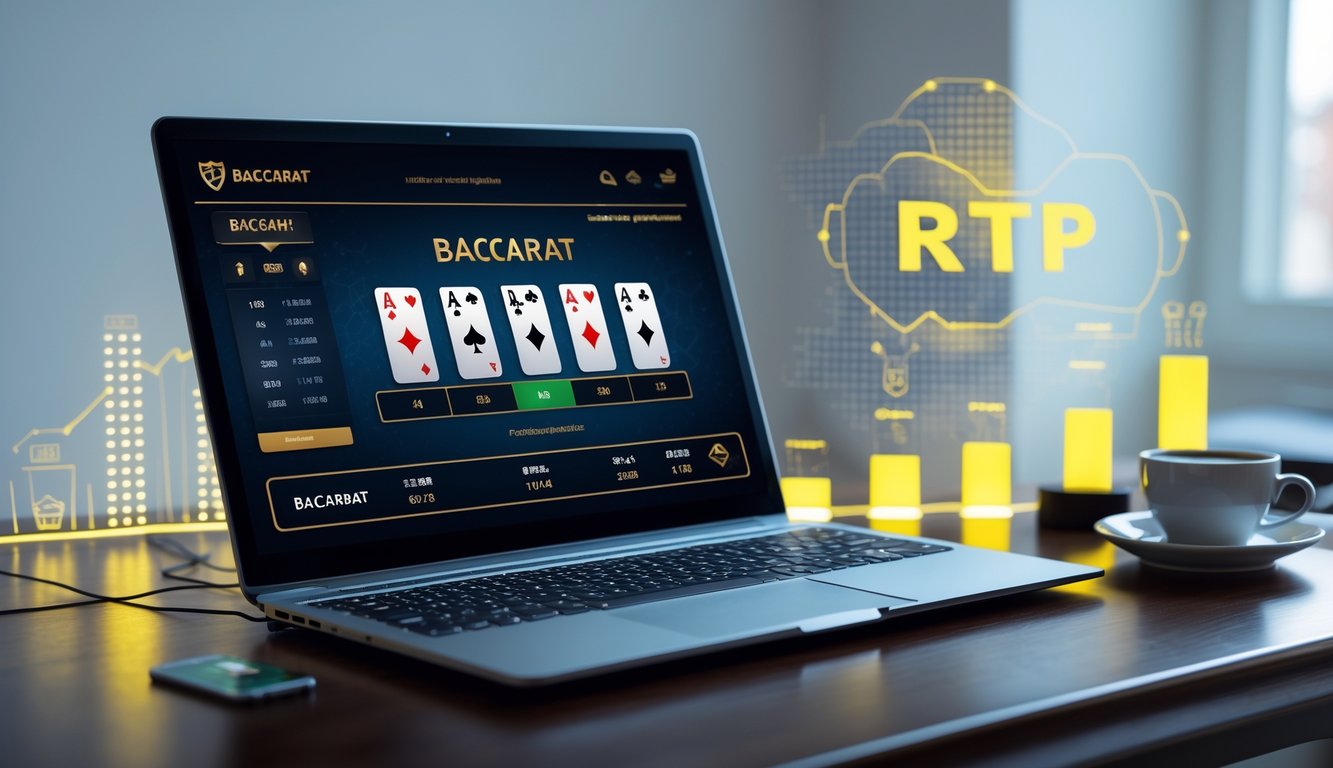 Seseorang sedang bermain baccarat online di komputer dengan tampilan kartu dan grafik di layar, di atas meja kayu dengan suasana yang nyaman.