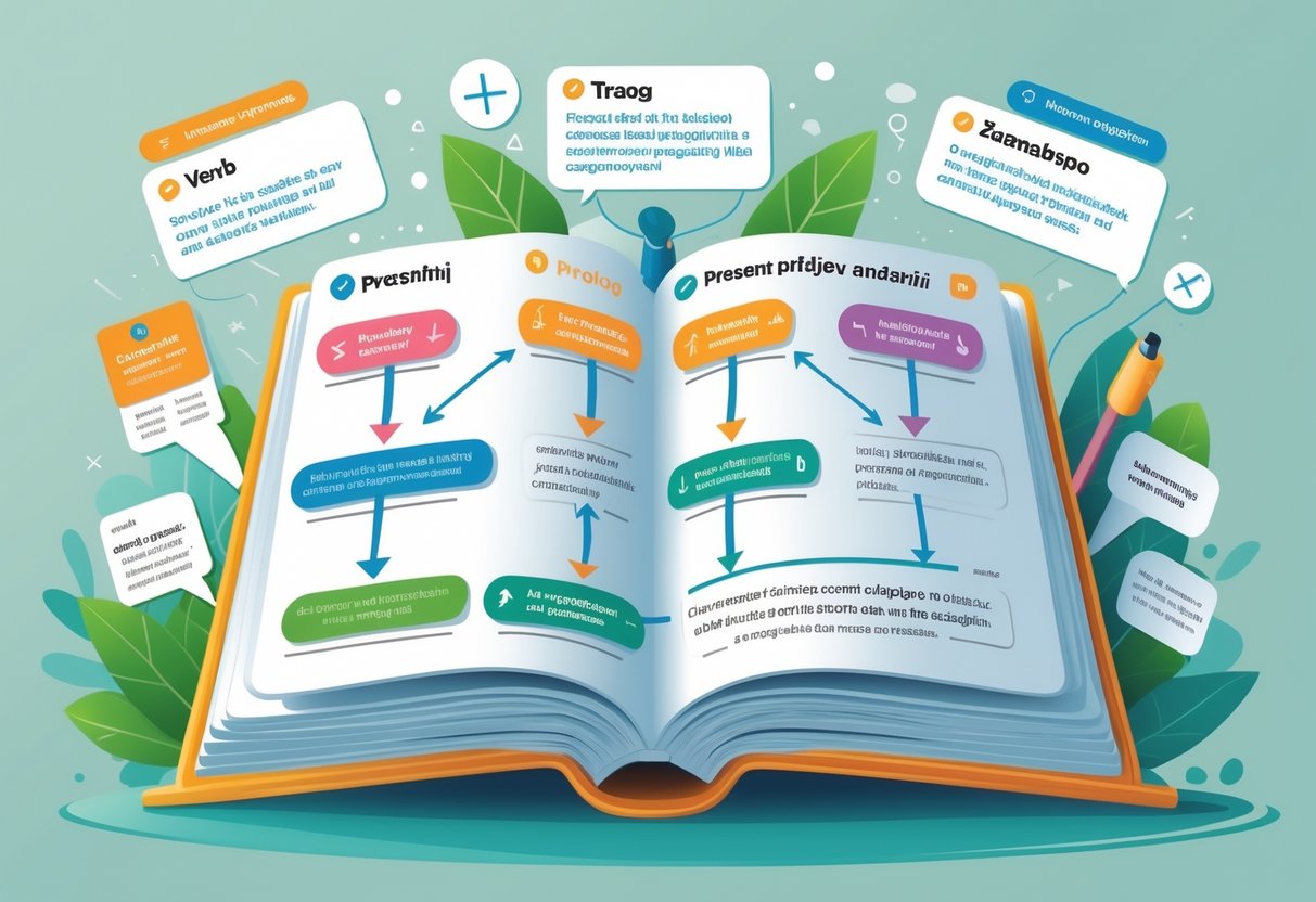 Ilustracija koja prikazuje obrazovni prikaz tvorbe glagolskog priloga i glagolskog pridjeva sadašnjeg u hrvatskom jeziku.