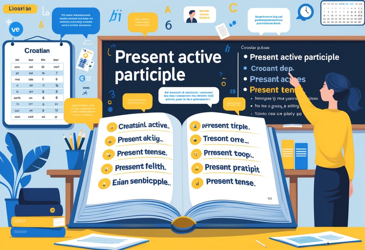 Ilustracija učionice s knjigom otvorenom na stranici s primjerima hrvatskih rečenica i nastavnikom koji pokazuje na ploču s pravilima gramatike.